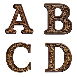 Clipart de alfabeto elegante esculpido em madeira, letras A-Z e números de 1 a 9 PNG, fundo transparente de 300 DPI, arte de letras decorativas para impressão