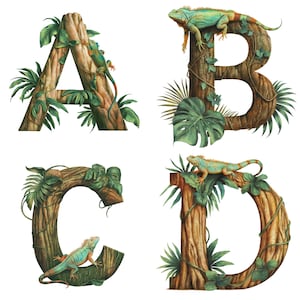 May include: A, B, C, and D are formed from brown tree trunks with green vines and leaves. Each letter has a green iguana lizard on it.