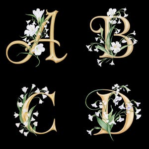 Alfabeto y números de lirio de los valles, clip art, letras doradas de la A a la Z, PNG del 1 al 9, fondo transparente de 300 DPI, elegante monograma floral