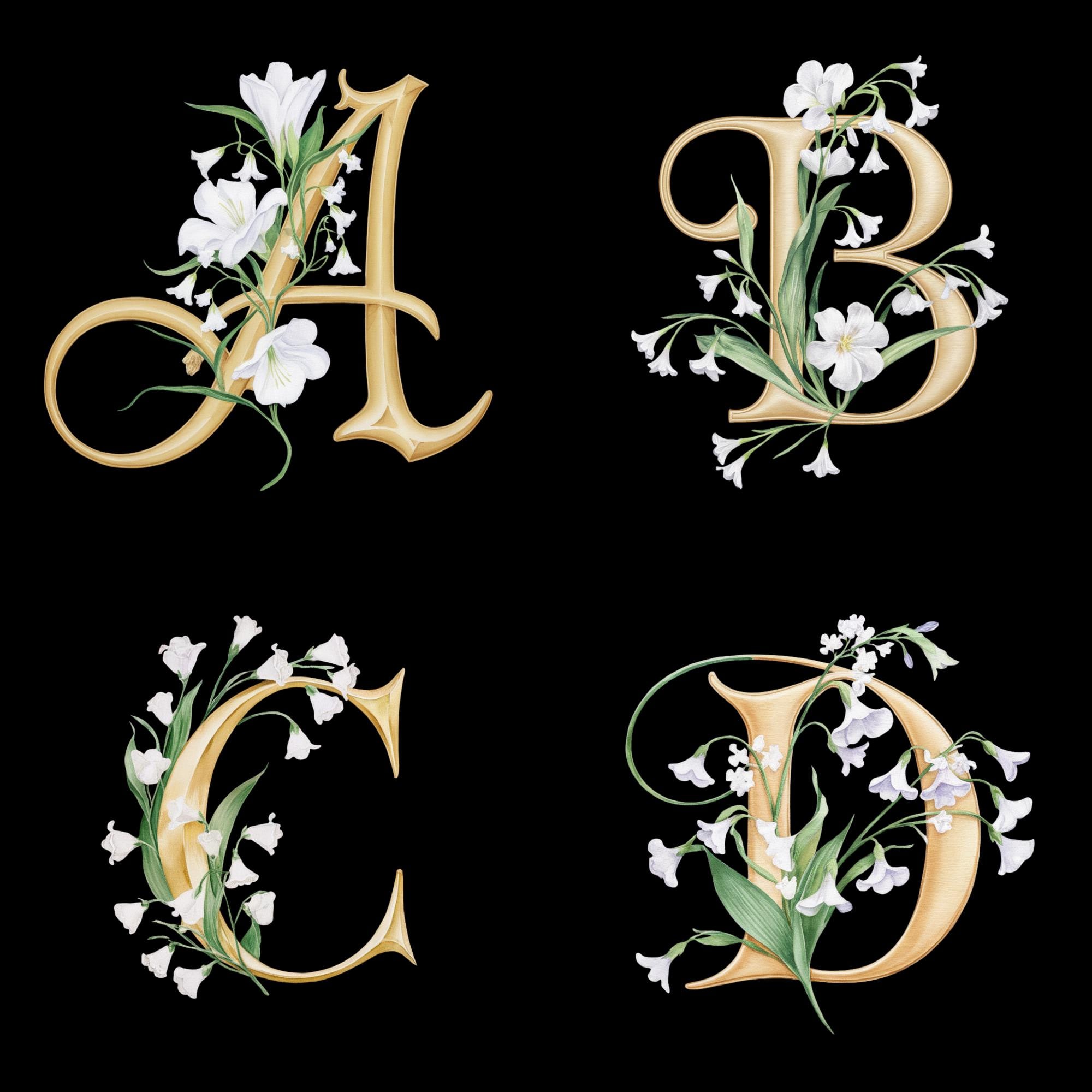 Lily of the Valley Gold Alphabet: Floral Monogram Clip Art