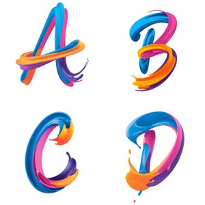 Alfabeto aquarela A-Z e números 1-9 PNG, clipart de respingos de tinta, letras rabiscadas, fonte pintada à mão, 300 DPI, fundo transparente
