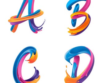 Clipart de alfabeto y números en acuarela: Fuente con salpicaduras de pintura (PNG, 300 DPI)