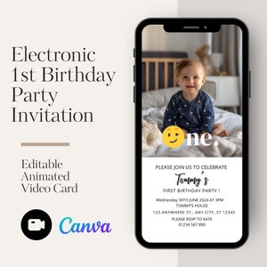 Digitale uitnodiging 1e verjaardagsfeestje - geanimeerde tekst eerste verjaardag Evite, aanpasbare uitnodiging voor verjaardagsfeestje, direct downloaden
