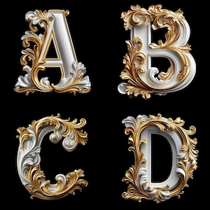 May include: Four ornate letters, A, B, C, and D, are rendered in a white and gold 3D design. The letters are set against a black background.