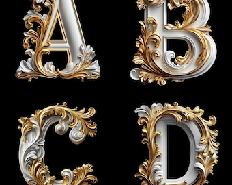 Gold & White 3D Ornate Alphabet Clip Art (Digital Download)