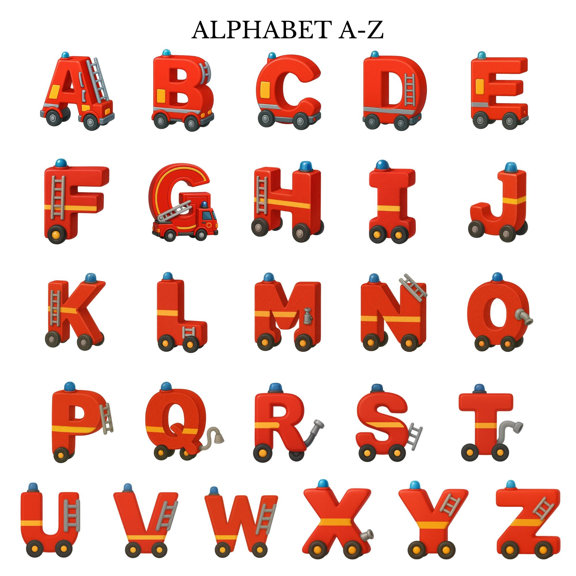 消防車のアルファベット：A～Zと1～9のPNG、消防士のテーマ（デジタル