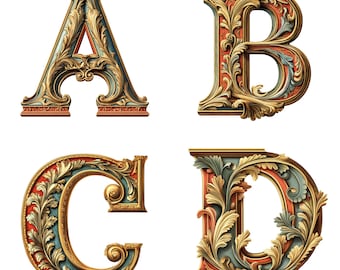 Baroque Gold Alphabet Clipart: Vintage Ornamental Letters, Numbers (PNG Digital Download