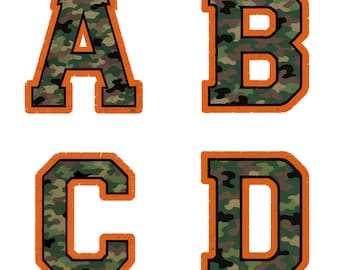 Camo Alphabet Clipart: Distressed Army Font with Orange Border (PNG Digital Download)