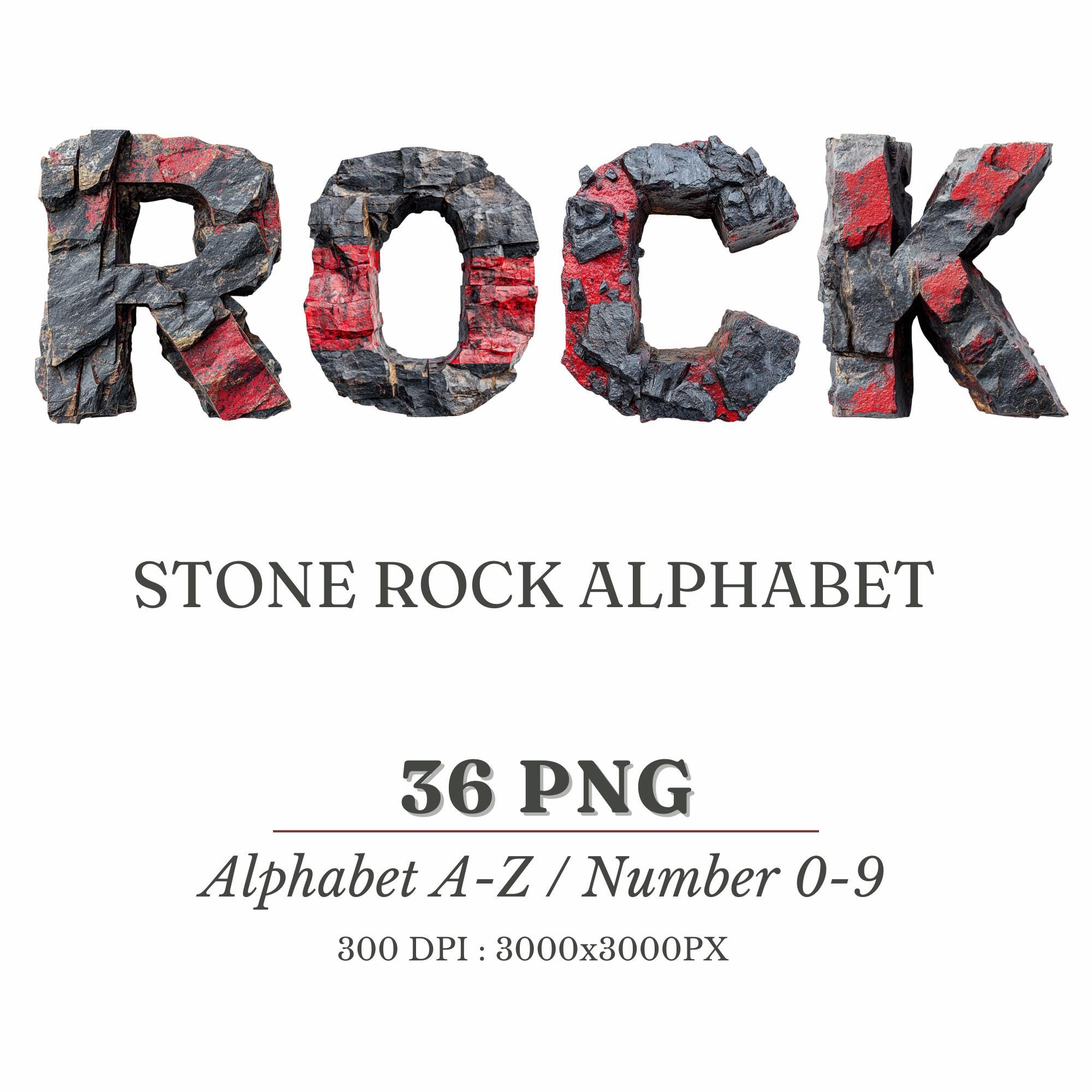 Stone Rock Alphabet Clipart: Grunge Font, Red & Black (PNG Digital ...