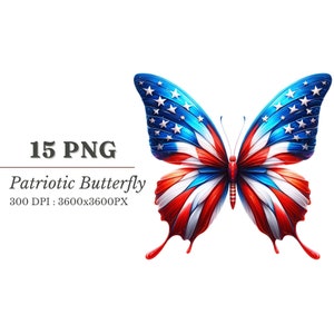 Puede incluir: Una mariposa patriótica con alas rojas, blancas y azules, que se asemeja a la bandera estadounidense. La mariposa está en vuelo con las alas extendidas.