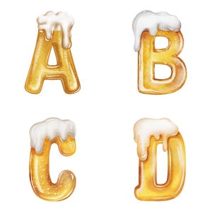 Könnte beinhalten: Vier Buchstaben des Alphabets, A, B, C und D, sind aus mattiertem Glas mit einem schaumigen Oberteil, wie ein Glas Bier.