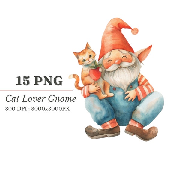 Cat Lover Gnome Clipart - Pet Themed Gnome PNG, Transparent Background, 300 DPI, Digital Cat Companion Art, Download