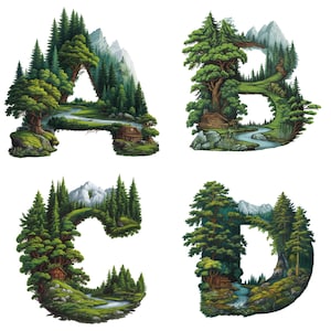 Aquarel bosalfabet en cijfers | A-Z-letters, 1-9, png | Illustraties groen bos | Mooie initialen voor uitnodigingen en kaarten