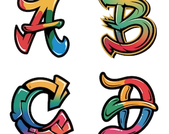 May include: A, B, C, and D in a colorful graffiti style font. Each letter is outlined in black and filled with a gradient of red, orange, yellow, green, blue, and purple.