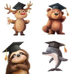 Puede incluir: Cuatro animales diferentes usando gorros de graduaci&oacute;n. Un reno, un oso, un perezoso y un delf&iacute;n llevan todos gorros de graduaci&oacute;n negros con borlas doradas. Los animales est&aacute;n todos sonriendo y se ven felices.