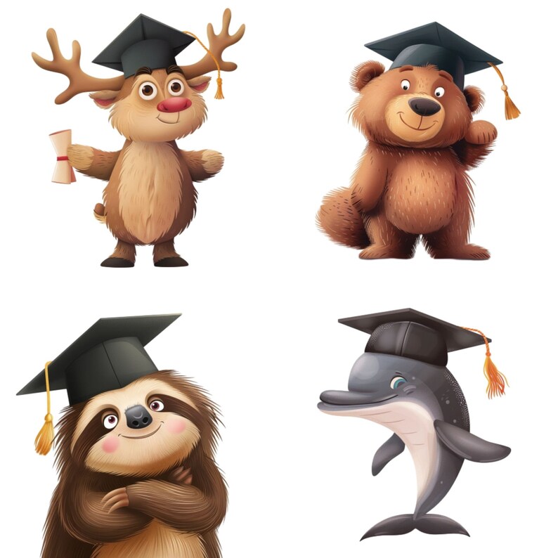 Puede incluir: Cuatro animales diferentes usando gorros de graduaci&oacute;n. Un reno, un oso, un perezoso y un delf&iacute;n llevan todos gorros de graduaci&oacute;n negros con borlas doradas. Los animales est&aacute;n todos sonriendo y se ven felices.