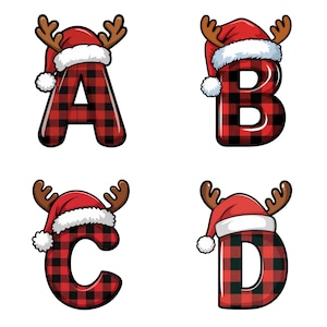 Buffalo Plaid Christmas Alphabet Clip Art, A-Z Letters,0-9 Numbers, Cartoon Style, Santa Hat  , Antlers, 300 DPI PNG Digital Download