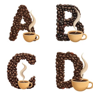 Letras do alfabeto de grãos de café de A a Z e de 1 a 9 PNG | Arte de letras de xícara de café fumegante | Alta resolução 300 DPI | Fundo transparente