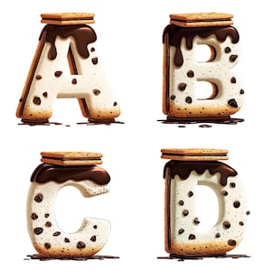 Puede incluir: Cuatro letras del alfabeto, A, B, C y D, diseñadas como s'mores. Cada letra tiene una base de galleta Graham, un centro de malvavisco con chispas de chocolate y un glaseado de chocolate, coronado con una galleta Graham.