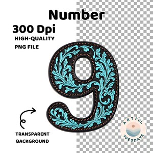 May include: A turquoise blue number nine with a brown leather background and intricate floral designs. The number is surrounded by a brown stitched border.