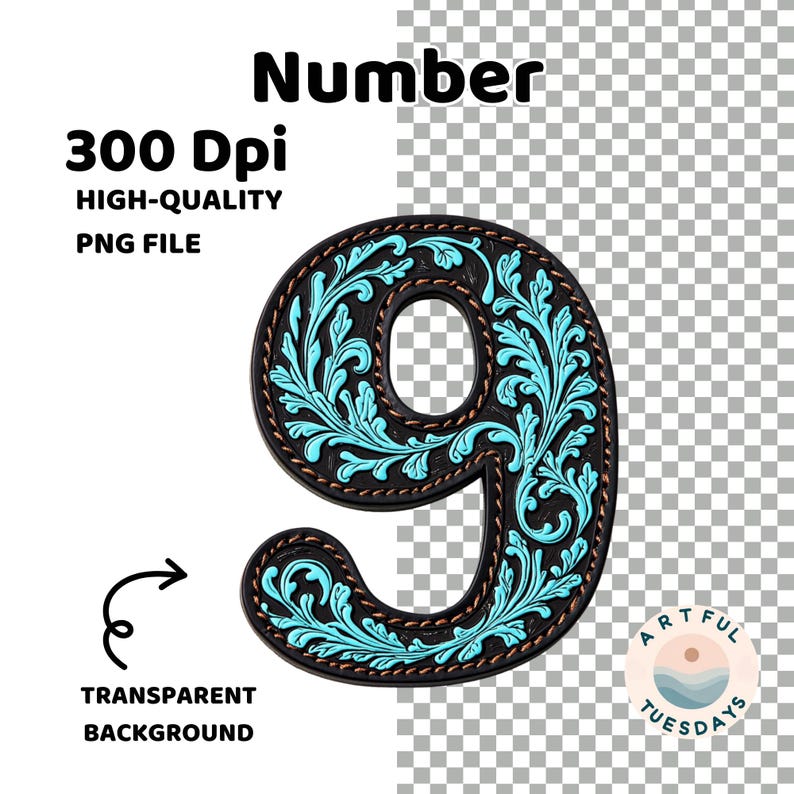 May include: A turquoise blue number nine with a brown leather background and intricate floral designs. The number is surrounded by a brown stitched border.
