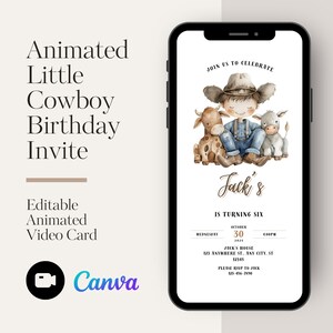 Kleine cowboy verjaardagsuitnodiging - geanimeerde uitnodiging landthema feest, bewerkbare mobiele sjabloon, digitale e-mailuitnodiging