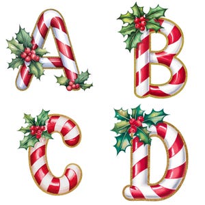 May include: Candy cane letters A, B, C, and D decorated with holly and red berries. The letters are red and white striped and have a gold glitter outline.