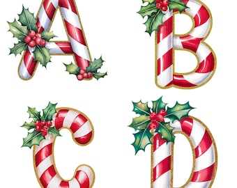 Candy Cane Christmas Alphabet Clip Art: Watercolor Holiday Letters (Digital Download)