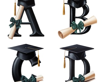 Graduation Alphabet Clipart: Black Cap, Green Ribbon (PNG Digital Download)