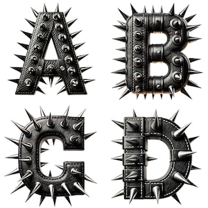 May include: Four letters, A, B, C, and D, are made of black leather and studded with silver spikes. The letters are isolated on a white background.