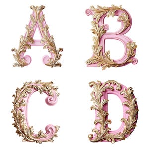 Alfabeto barroco de lujo en rosa y dorado, números de la A a la Z del 1 al 9 PNG, imágenes prediseñadas de letras ornamentadas, fuente elegante en 3D, 300 DPI, fondo transparente
