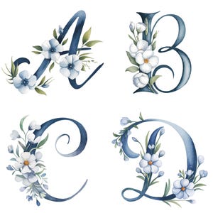 Alfabeto floral azul elegante (imágenes prediseñadas) / Letras de la A a la Z y números del 0 al 9 / PNG de 300 DPI / Flores de acuarela / Fondo transparente / Arte digital