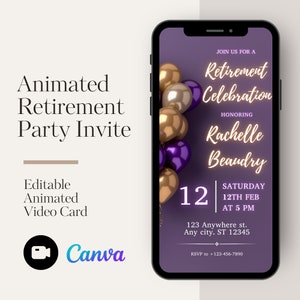 Op de afbeelding: Een geanimeerde video-uitnodiging in paars en goud voor een afscheidsfeest ter ere van Rachelle Beaudry. De uitnodiging bevat de datum, tijd en locatie van het evenement. RSVP-informatie is ook inbegrepen.