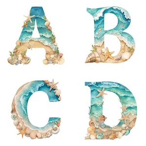 Letras del alfabeto con temática de playa de la A a la Z y números del 1 al 9, clip art, letras del océano PNG, arte con letras de conchas marinas, decoración costera, 300 DPI, transparente