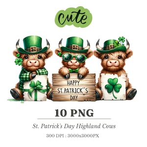 May include: Three cartoon Highland cows wearing green hats and holding signs. The middle cow is wearing sunglasses and a bow tie. The sign says "Happy St. Patrick's Day".