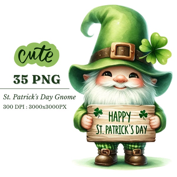 Cute St. Patrick's Day Gnome Clipart Collection PNG with Commercial License: Festive Gnomes for Holiday Crafts&Decor,Transparent Background