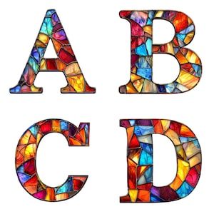 Alfabeto de vitrales coloridos de la A a la Z y números del 1 al 9, clip art, fuente de mosaico, PNG de 300 DPI, diseño DIY, arte tipográfico creativo