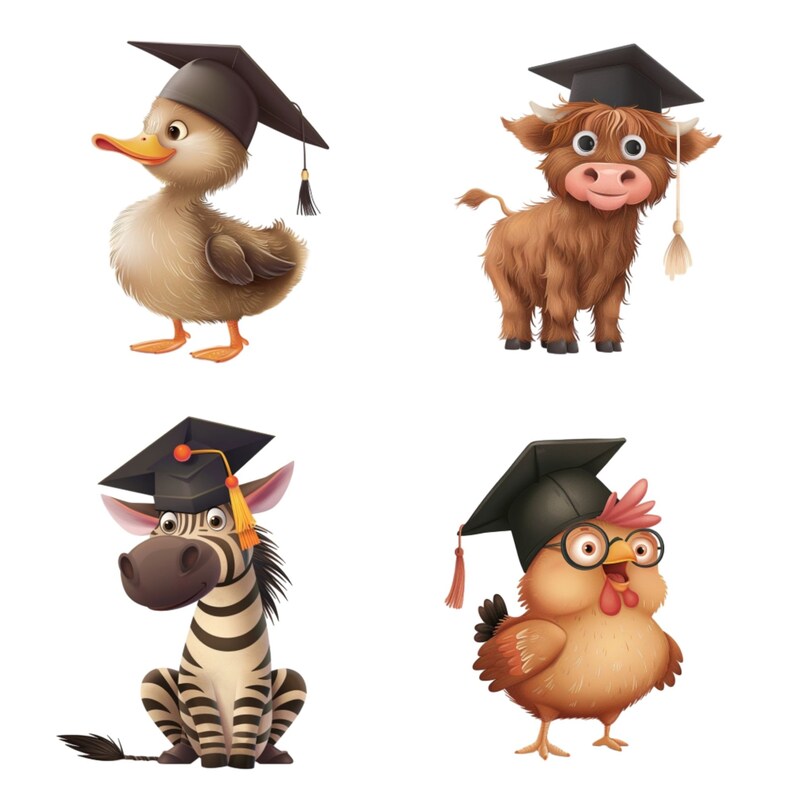 Puede incluir: Cuatro animales diferentes con gorros de graduaci&oacute;n. Un pato marr&oacute;n, una vaca de las tierras altas marr&oacute;n, una cebra en blanco y negro y una gallina marr&oacute;n.