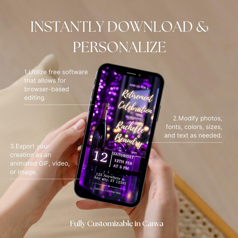 Retirement Party Invitation Editable Purple & Gold Theme Canva Template