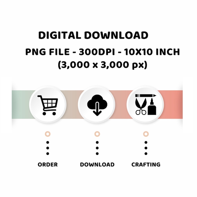May include: Digital download graphic with three icons: a shopping cart, a cloud with a download arrow, and scissors and glue. The text "DIGITAL DOWNLOAD" is at the top, followed by "PNG FILE - 300DPI - 10X10 INCH (3,000 x 3,000 px)". Below the icons, the text "ORDER", "DOWNLOAD", and "CRAFTING" is displayed.