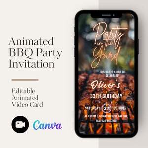 Op de afbeelding: Een mobiel telefoonscherm met een digitale uitnodiging voor een barbecuefeest. De uitnodiging toont een foto van gegrild eten, de tekst "Party in the Yard" en details voor Olivers 33e verjaardag op zaterdag 27 oktober. De uitnodiging bevat de tijd, locatie en RSVP-informatie.