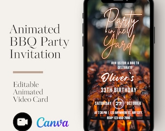 May include: A mobile phone screen displaying a digital invitation for a BBQ party. The invitation features a photo of grilled food, the text "Party in the Yard", and details for Oliver's 33rd birthday celebration on Saturday, October 27th. The invitation includes the time, location, and RSVP information.