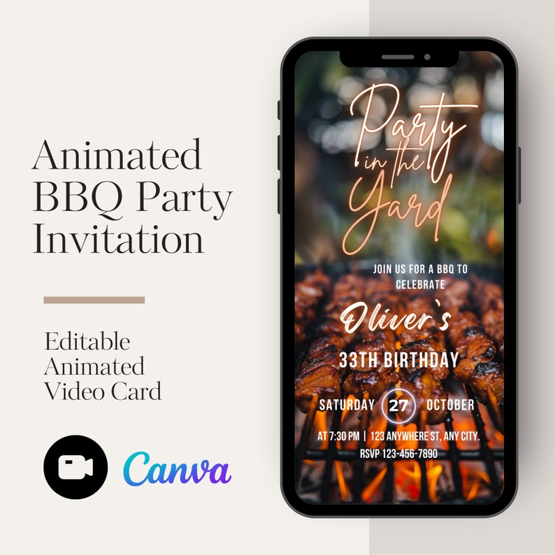 Op de afbeelding: Een mobiel telefoonscherm met een digitale uitnodiging voor een barbecuefeest. De uitnodiging toont een foto van gegrild eten, de tekst "Party in the Yard" en details voor Olivers 33e verjaardag op zaterdag 27 oktober. De uitnodiging bevat de tijd, locatie en RSVP-informatie.
