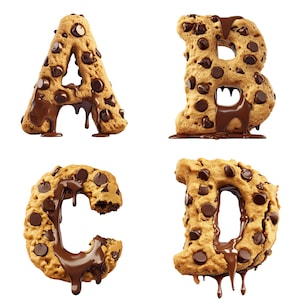 May include: Four chocolate chip cookie letters: A, B, C, and D. The cookies are light brown with dark chocolate chips and are drizzled with melted chocolate. The letters are on a white background.