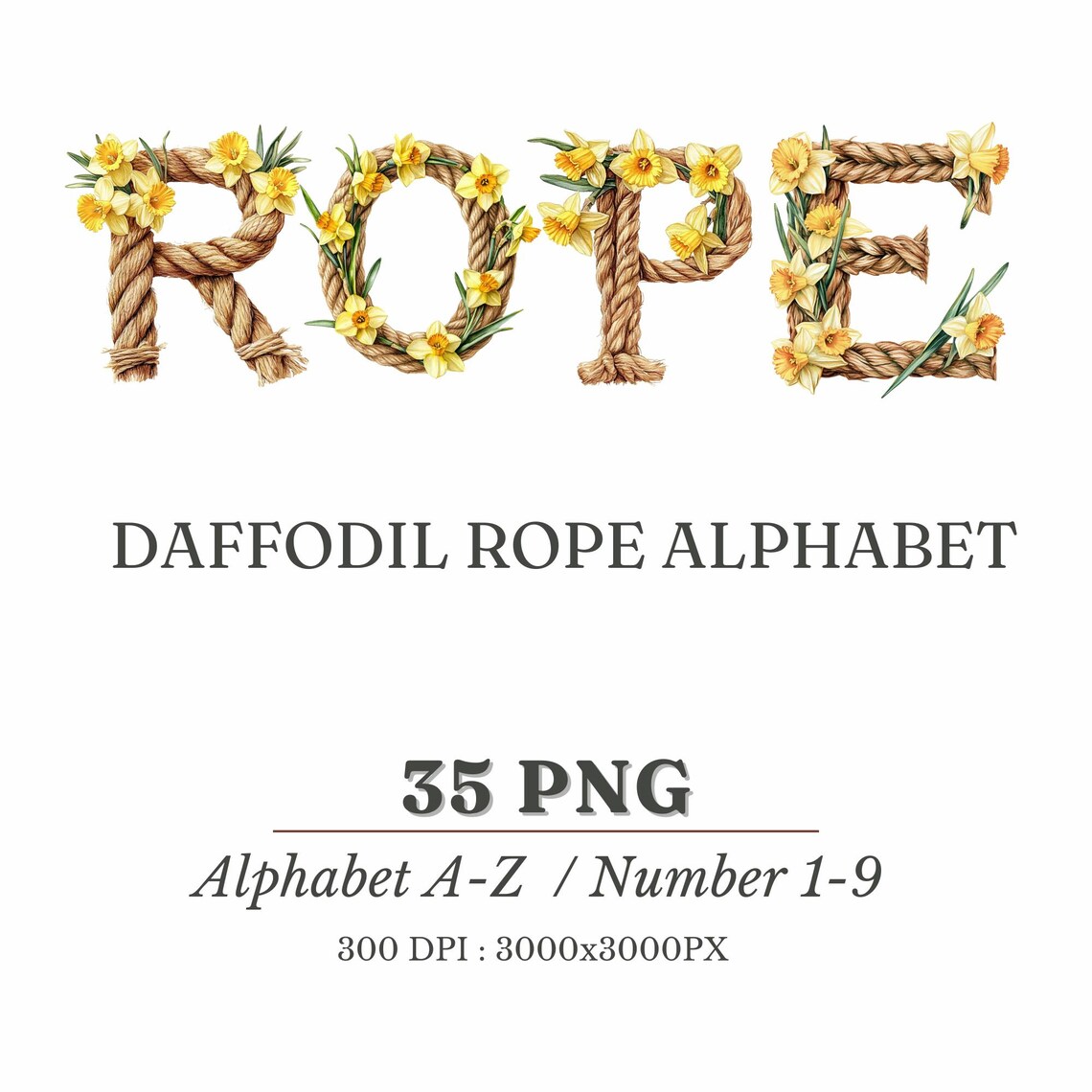 Daffodil Rope Alphabet Clipart: Spring Floral Letters (PNG Digital ...