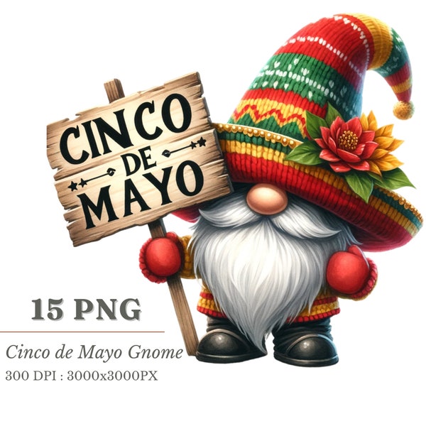 Cinco de Mayo Gnome Clipart PNG with Commercial License: Festive Gnome in Sombrero Activities, Transparent Background for Party Decor,Crafts