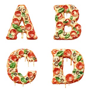 Pizza Alfabetletters A-Z en cijfers 1-9 Clipart, 300 DPI PNG, transparante achtergrond, Pizza Party Letter Set, Decor Pizza Signage