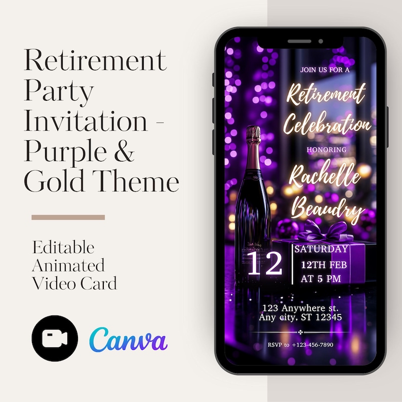 Retirement Party Invitation Editable Purple & Gold Theme Canva Template