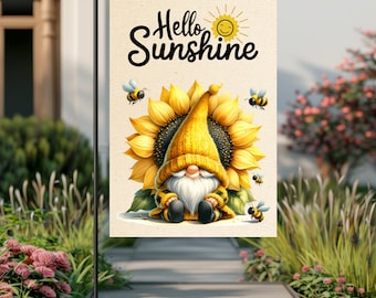 Hello Sunshine Gnome Garden Flag - Sunflower & Bees Watercolor, Whimsical Spring Decor, Joyful Gnome Art, Digital Download