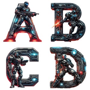 May include: Four futuristic letter designs: A, B, C, and D. Each letter is a dark gray, metallic design with a sci-fi soldier figure integrated into the structure. The letters have red and blue glowing accents, creating a dynamic, technological aesthetic.
